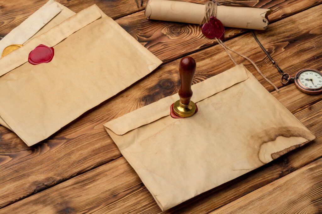 Envelope with wax seal stamp on wooden background, flat lay